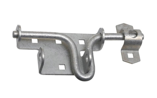 Galvanized Finish Sliding Bolt Latch. Designed for doors & gates swinging in or out. Easy operating, handle serves as a pull. Slide bolt latches right or left. May be padlocked. National Hardware Catalog Model No. N262-147.