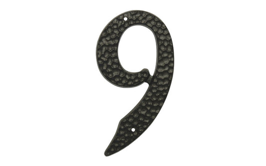 Number Nine Black Hammered House Number in a 3-1/2" Size. Made of die-cast aluminum material with a black hammered style. Mounting nails included. #9 House Number. Hy-Ko Model No. DC-3/9. 029069201098