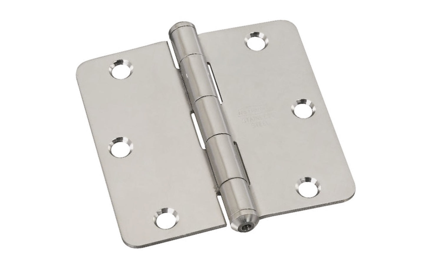3-1/2" Stainless Door Hinge - 1/4" Radius. Made of stainless steel material, 300 series for maximum corrosion resistance. Nob on hinge for finished appearance with square corners. Non-rising pin. Screw holes are countersunk. Sold as single hinge in pack.  National Hardware Model No. N225-946. 038613225947
