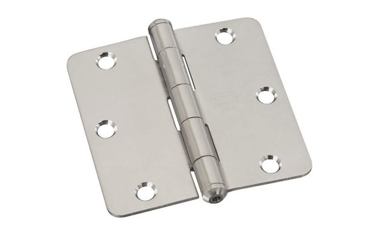 3-1/2" Stainless Door Hinge - 1/4" Radius. Made of stainless steel material, 300 series for maximum corrosion resistance. Nob on hinge for finished appearance with square corners. Non-rising pin. Screw holes are countersunk. Sold as single hinge in pack.  National Hardware Model No. N225-946. 038613225947