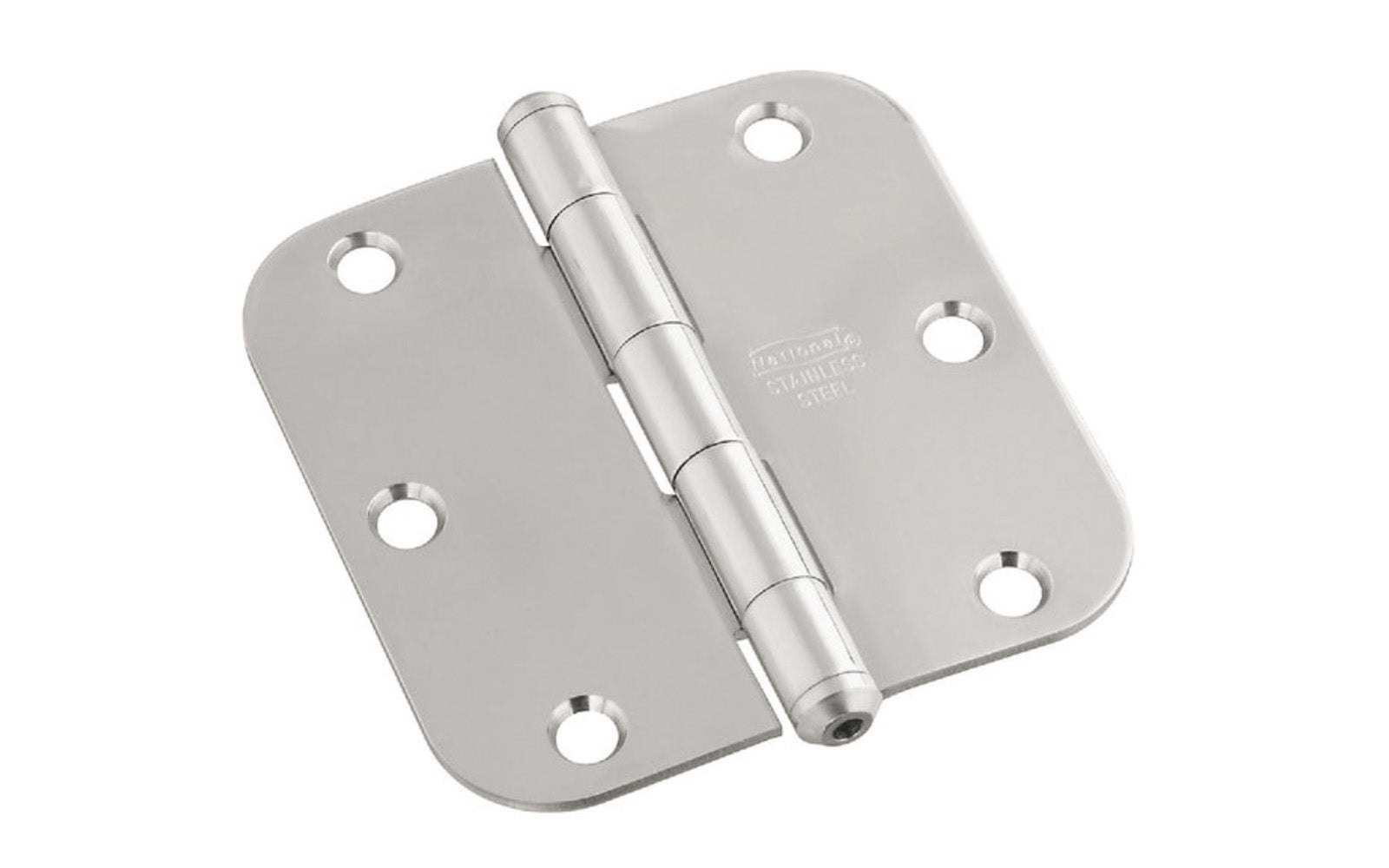 3-1/2" Stainless Door Hinge - 5/8" Radius. Made of stainless steel material, 300 series for maximum corrosion resistance. Nob on hinge for finished appearance with square corners. Non-rising pin. Screw holes are countersunk. Sold as single hinge in pack.  National Hardware Model No. N225-961. 038613225961