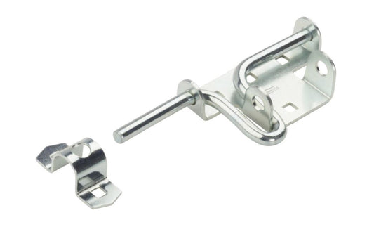 Zinc-Plated Sliding Bolt Latch. Designed for doors & gates swinging in or out. Easy operating, handle serves as a pull. Slide bolt latches right or left. May be padlocked. Case & strike are manufactured from cold-rolled steel. National Hardware Catalog Model No. N165-555.