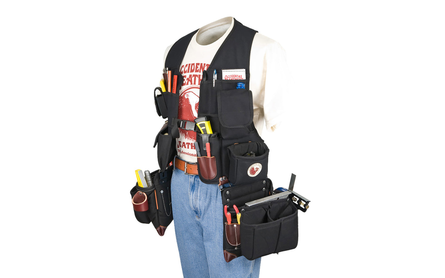 Occidental Leather "Builders' Vest" Framer Package system is a compact tool vest carrying system, loaded with holders & pockets. A belt-free system combined with clip-on framing bags. 36 total pockets & tool holders. Special tool vest system No. 2585. Made of industrial nylon material & genuine leather. 759244275605