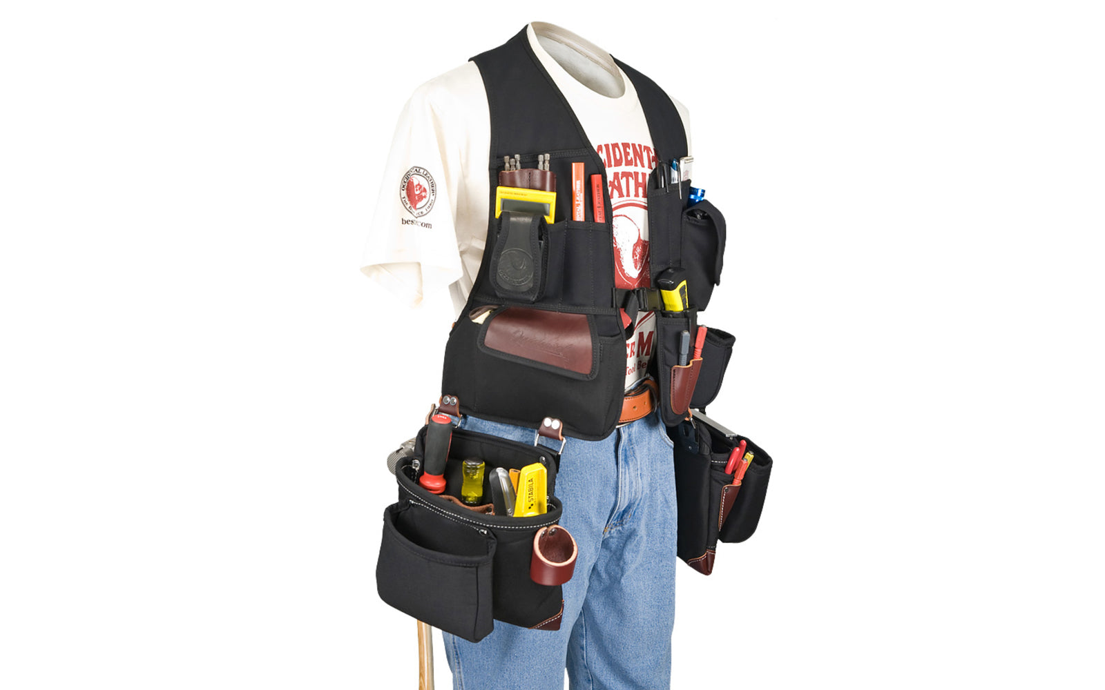 Occidental Leather "Builders' Vest" Framer Package system is a compact tool vest carrying system, loaded with holders & pockets. A belt-free system combined with clip-on framing bags. 36 total pockets & tool holders. Special tool vest system No. 2585. Made of industrial nylon material & genuine leather. 759244275605