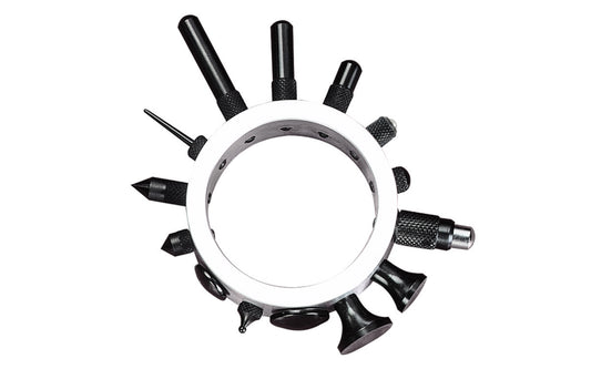 Starrett Contact Point Set includes: 14 points with #4-48 screw thread to fit AGD indicators; a regular 1/4" (6.3mm) long point; 9 special form points; a 28 shock absorbing anvil; and 3 extra long points 1/2", 3/4" and 1" (13, 19, 25mm) long. The set features high grade steel, hardened and ground. All points are mounted on a convenient aluminum ring for safe keeping and easy selection. Contact Point Set.  Made in USA.