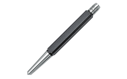 The Starrett 264 Center Punch has a square knurled grip & will not roll when laid down. 1/4" Size. The punch is hardened & properly tempered. The tip is accurately centered & ground at the proper angle to give maximum service. 5" Length. Model  264G.  Made in USA.
