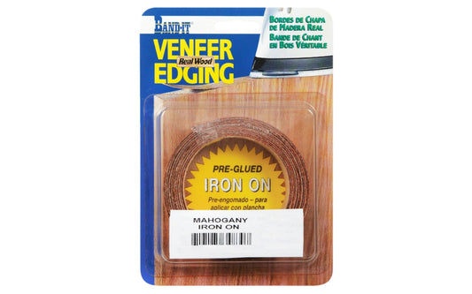 3/4" x 8' Mahogany Wood Veneer Edge Banding - Coordinated edge banding is pre-coated with heat-activated glue for a permanent bond. Wood veneer edge banding rolls are finger-jointed. Grain will be in-matched when finger-jointed. Just iron on. Made in USA. 717185348307. Coverdale Band-It Iron on real wood veneer edging