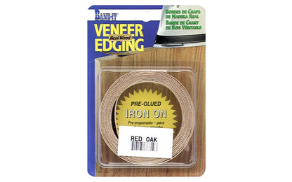 3/4" x 8' Red Oak Wood Veneer Edge Banding - Coordinated edge banding is pre-coated with a heat-activated glue for a permanent bond. Wood veneer edge banding rolls are finger-jointed. Grain will be in-matched when finger-jointed. Just iron on. Made in USA. 717185348109. Coverdale Band-It Iron on real wood veneer edging