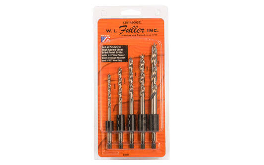 WL Fuller 5-PC Metric Brad Point Drill Bit Set with Quick Change ~ 28149005C. Set of five HSS brad point drill bits with quick change adapter ends. Designed for wood material. Spurs continue to sheer the wood while drilling. Metric sizes: 5 mm, 6 mm, 7 mm, 8 mm, 10 mm. 5 piece set. Model 28149005C. 807200554155