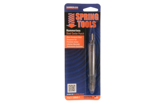 Noxon Hammerless Air Tempered Steel Center Punch is designed to mark hardened steel by creating a deep indentation that will hold and drill bit without wandering or scratching. Air tempered tip can be sharpened without losing hardness. Made in USA.
