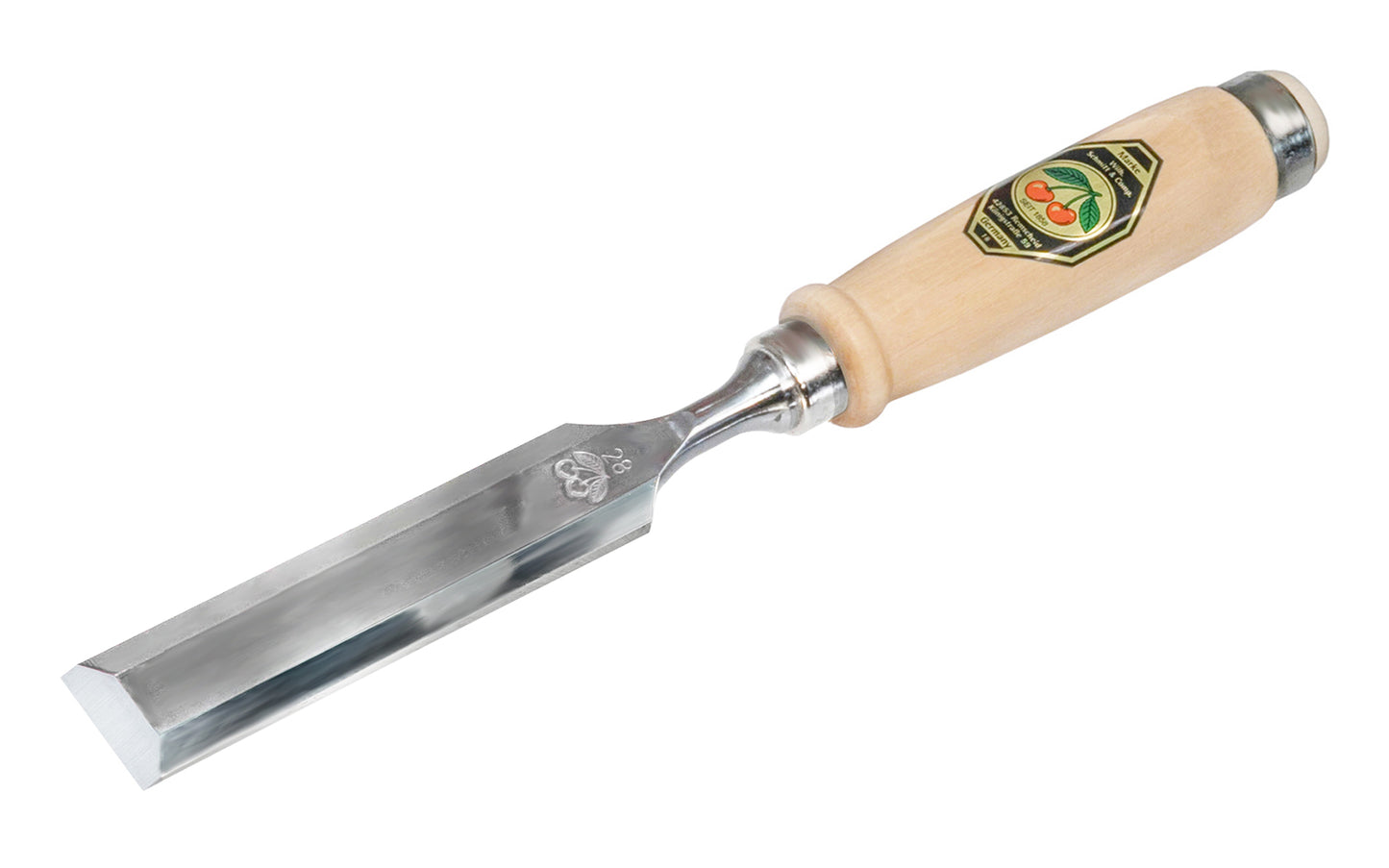 Made in Germany ~ Two Cherries · 1001 series ~ high carbon steel ~ Tempered to Rc61 Rockwell ~ Varnished flat Hornbeam handle - Stechbeitel - Firmer Chisel - short length, light pattern, bevelled edges, Flat hornbeam handle - bevel edge - steel ferrule ~ Use with mallets - 28 mm - 28MM Wide - 4016649101653 - 1001/028