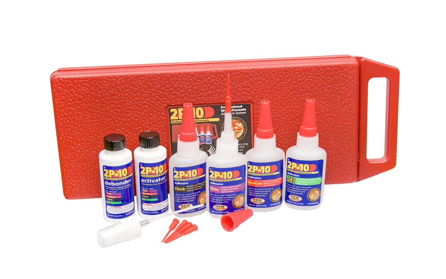 FastCap Model 2P-10 KIT. Professional wood formula Cyanoacrylate super glue kit set. 2P-10 is a two-part ten-second adhesive. Apply the adhesive, then spray activator & stick it together for a permanent bond. Very popular with woodworkers & carpenters. Thin, Medium, Thick, & Jel viscosity glues - 2.25 oz glue bottles