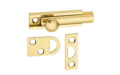 These solid brass surface bolts will work for casement windows & French, twin, or Dutch doors. Extra long throw with bolt held in position by tension spring. Will not mar wood surface. Includes concealed base. Includes universal & mortise strikes, & fasteners. 2" long length bolt.