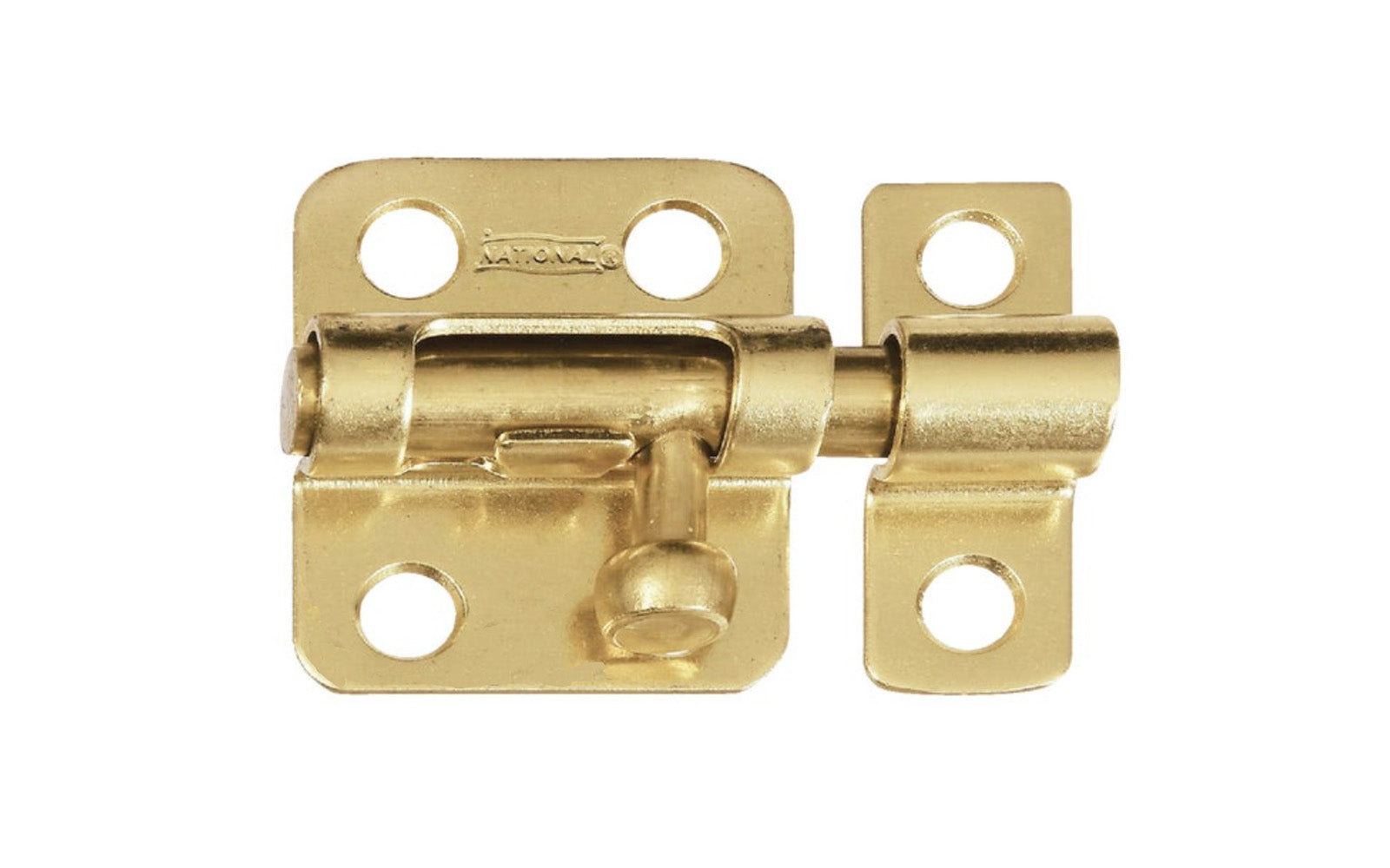 This 2" Solid Brass Barrel Bolt is designed for security applications on lightweight doors, chests, & cabinets. Use on vertical, horizontal, left or right hand applications. Made of solid brass with a lacquered finish. Six solid brass phillips screws. 2" width x 1-1/2" height. National Hardware Model No. N213-405. 