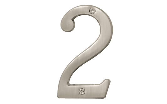 Number Two House Number in a 4" size. Satin nickel finish. Includes two phillips flat head screws. #2 house number. Hy-Ko Model BR-43SN/2.  Hardware house numbers for outdoors. Includes screws. 029069309329. #2 Satin Nickel House Number - 4" Size