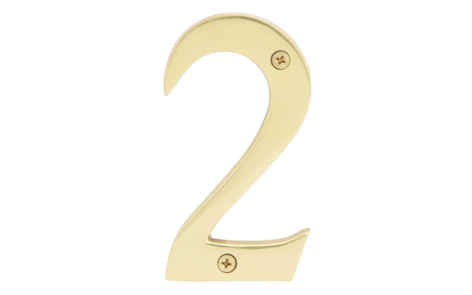 Number Two Solid Brass House Number in a 4" Size. Made of solid brass material - 1/4" thickness. Lacquered brass finish. Includes two flat head phillips screws. #2 House Number. Hy-Ko Model No. BR-90/2. 029069104924