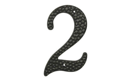Number Two Black Hammered House Number in a 3-1/2" Size. Made of die-cast aluminum material with a black hammered style. Mounting nails included. #2 House Number. Hy-Ko Model No. DC-3/2. 029069201029