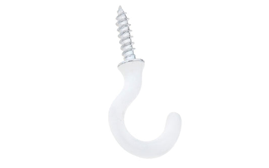 These 3/4" white vinyl coated steel cup hooks are designed for hanging workshop, home & industrial products. For interior & exterior applications. Sharp screw points bite into wood easily & quickly. 4 Pack. National Hardware Model No. N248-443. 038613248441