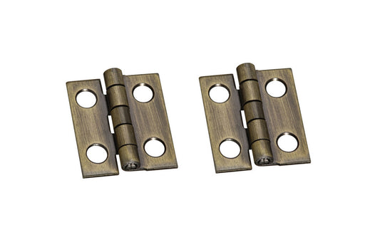 These miniature hinges are designed to add a decorative appearance to small chests, jewelry boxes, craft projects, etc. Made of steel material with an antique brass finish. 3/4" high x 5/8" wide. Surface mount. Non-removable pin. Sold as two hinges in pack. National Hardware Model No. N211-201. 038613211209. 2 Pack