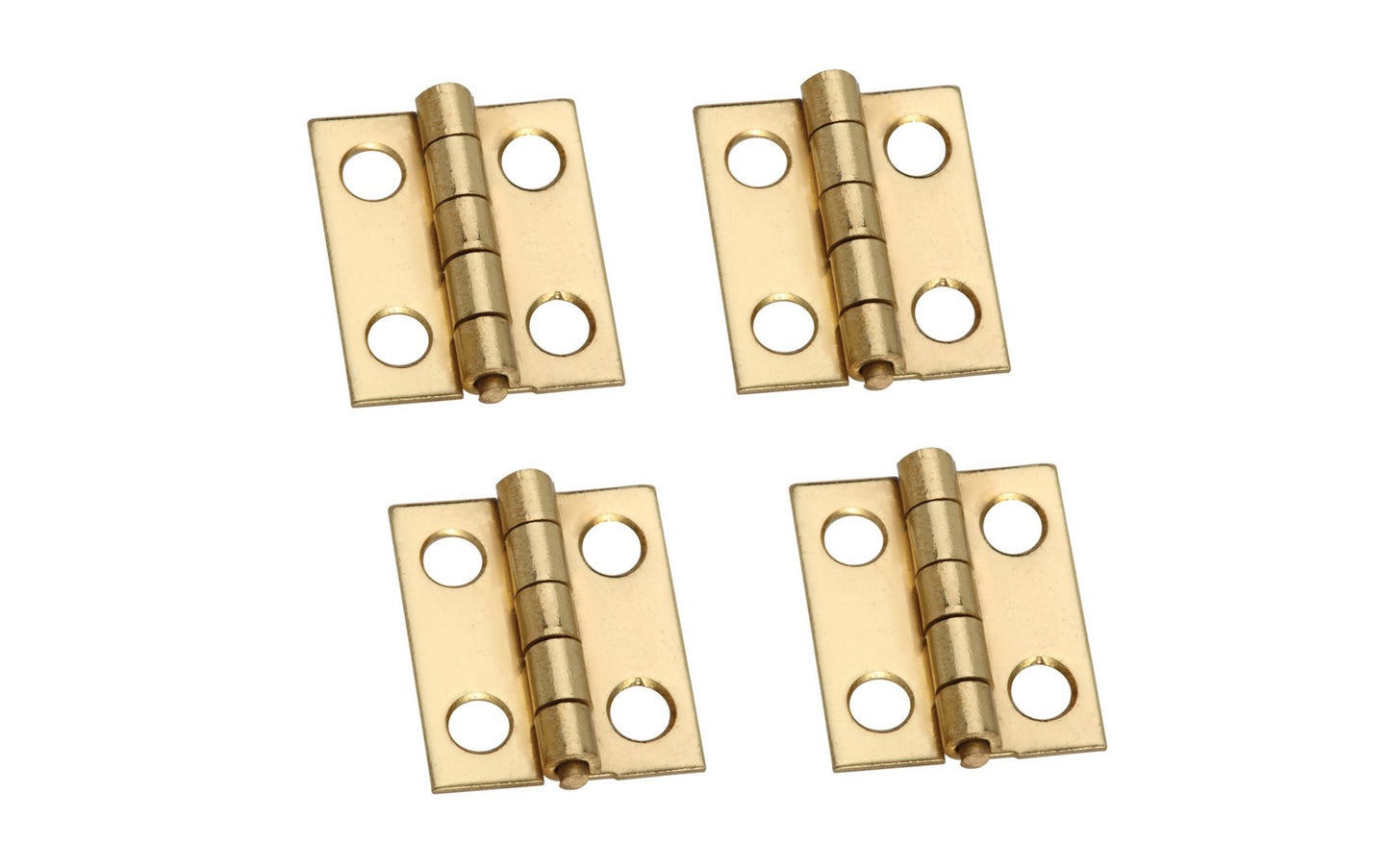 These miniature hinges are designed to add a decorative appearance to small chests, jewelry boxes, craft projects, etc. Made of solid brass material with a lacquered finish. 3/4" high x 5/8" wide. Surface mount. Non-removable pin. Sold as 4 hinges in pack. National Hardware Model No. N211-193. 038613211193. 4 Pack