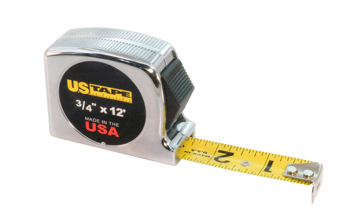 This U.S. Tape 3/4" x 12' Tape Measure has a .0045" thick steel blade with an impact resistant ABS plastic case with a chrome look. Heavy duty spring & a positive lock for durability on tape measure. Easy-to-read oversized numbers & 1/16" graduations. US Tape Classic Series. Made in USA. Model 56907. 727659569077