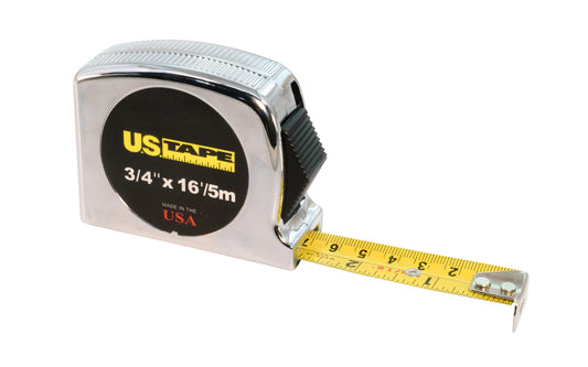 This U.S. Tape 3/4" x 16' / 5m Tape Measure has a .0045" thick steel blade with an impact resistant ABS plastic case with a chrome look. Heavy duty spring & a positive lock for durability on tape measure. Easy-to-read oversized numbers. US Tape Classic Series. Made in USA. Model 56939. 727659569398. Standard & Metric