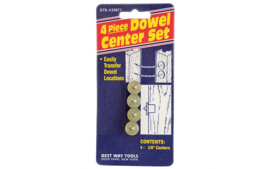 Best Way Tools 3/8" Dowel Centers - 4 PC Set. Makes dowel positioning quick & easy. Accurately marks holes for drilling. Includes 4 centers. Four piece set. Model 25871. 080497258719