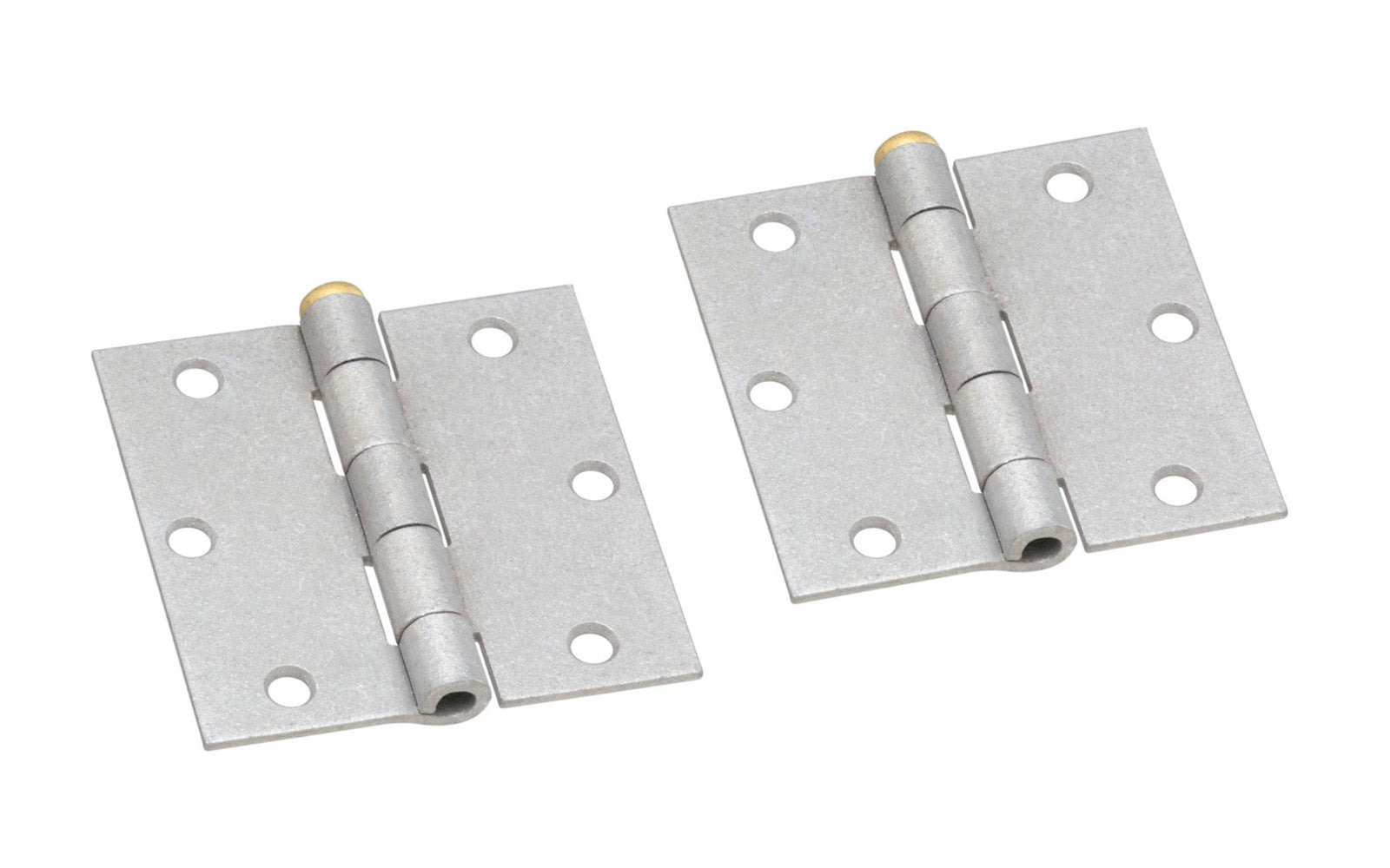 A pair of 3-1/2" galvanized door hinges with removable brass pins. Broad hinge is designed for general utility & industrial applications. Hinges are swaged for mortise installations. Manufactured from hot rolled steel for durability. 2 pack of galvanized hinges. Stanley National Hardware Model N208-843. 038613208841. 