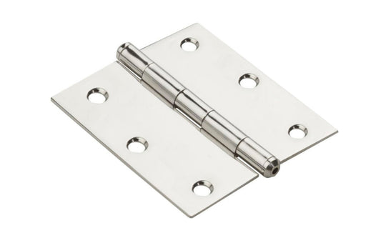 3-1/2" Stainless Door Hinge. Stainless steel material, 300 series, for maximum corrosion resistance & heavy-gauge material for added strength. Nob on hinge with square corners. Non-rising pin. 5 knuckle, full mortise design. Screw holes are countersunk. Removable pin. National Hardware Model N225-920. 038613208841. 