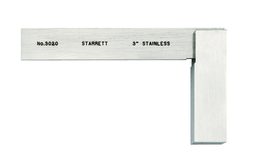 The Starrett 3" Stainless Precision Plain Square. 3020 Toolmakers Stainless Steel Square is high quality, is not graduated and offers squareness accuracy to 0.005mm (.0002" ) for every 150mm (6"). It features hardened, ground and lapped stainless steel construction on both the blade and the beam.   