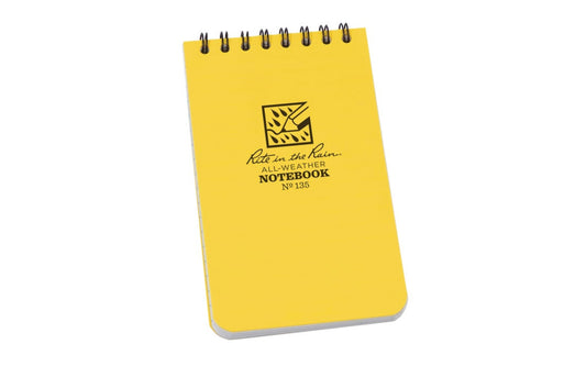"Rite in the Rain" All-Weather Notepad. Works with Rite in the Rain all-weather pens/pencils, wax markers & crayons in wet or dry applications. Permanent markers & standard ballpoint pens work under dry conditions. Model No. 135.