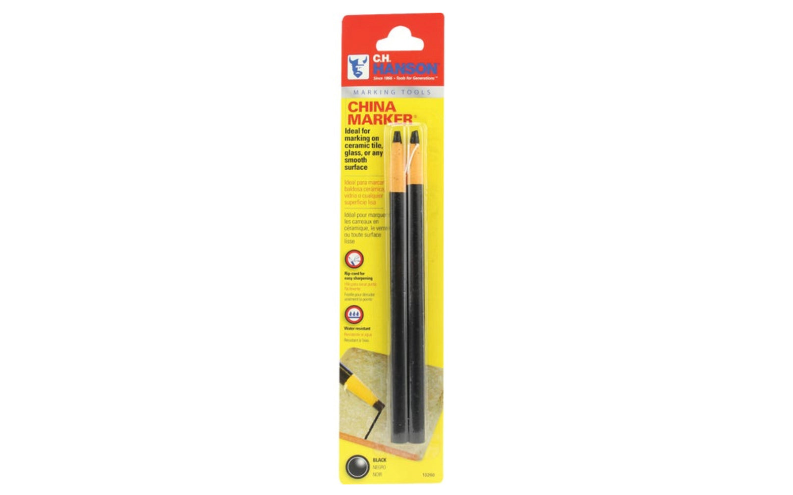 These C.H. Hanson China Markers are ideal for writing on china, glass, or plastic. Marks on porous & nonporous surfaces. Marks on wet surfaces. Easy peel off wrap. 5/16" Diameter x 6-3/4"  Length. Black color. 2 Pack. CH Hanson China Markers.