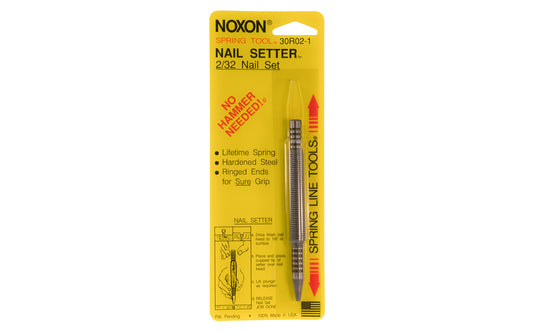 Noxon "Spring Tool" 2/32" Nail Set. This spring tool nail setter is a tool to drive finish nails below the surface of wood. Choose cup diameter which matches nail head. This 2/32" nail setter is best suited for #5 and #6 finish nails. No hammer is needed, but you may use one if you wish. Make certain to strike the end squarely with hammer.  Made in USA.