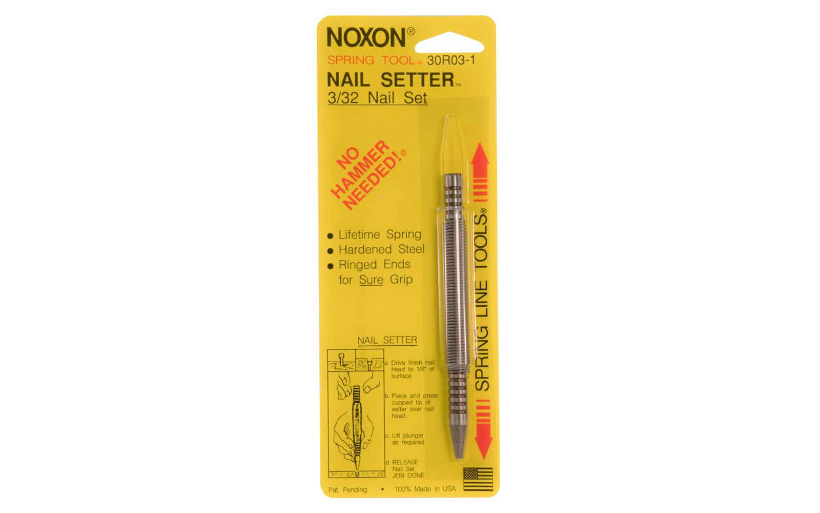 Noxon "Spring Tool" 3/32" Nail Set. This spring tool nail setter is a tool to drive finish nails below the surface of wood. Choose cup diameter which matches nail head. This 3/32" nail setter is best suited for #8 and #10 finish nails. No hammer is needed, but you may use one if you wish. Make certain to strike the end squarely with hammer.  Made in USA.