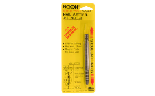Noxon "Spring Tool" 4/32" Nail Set. This spring tool nail setter is a tool to drive finish nails below the surface of wood. Choose cup diameter which matches nail head. This 4/32" nail setter is best suited for #12 finish nails. No hammer is needed, but you may use one if you wish. Make certain to strike the end squarely with hammer.  Made in USA.