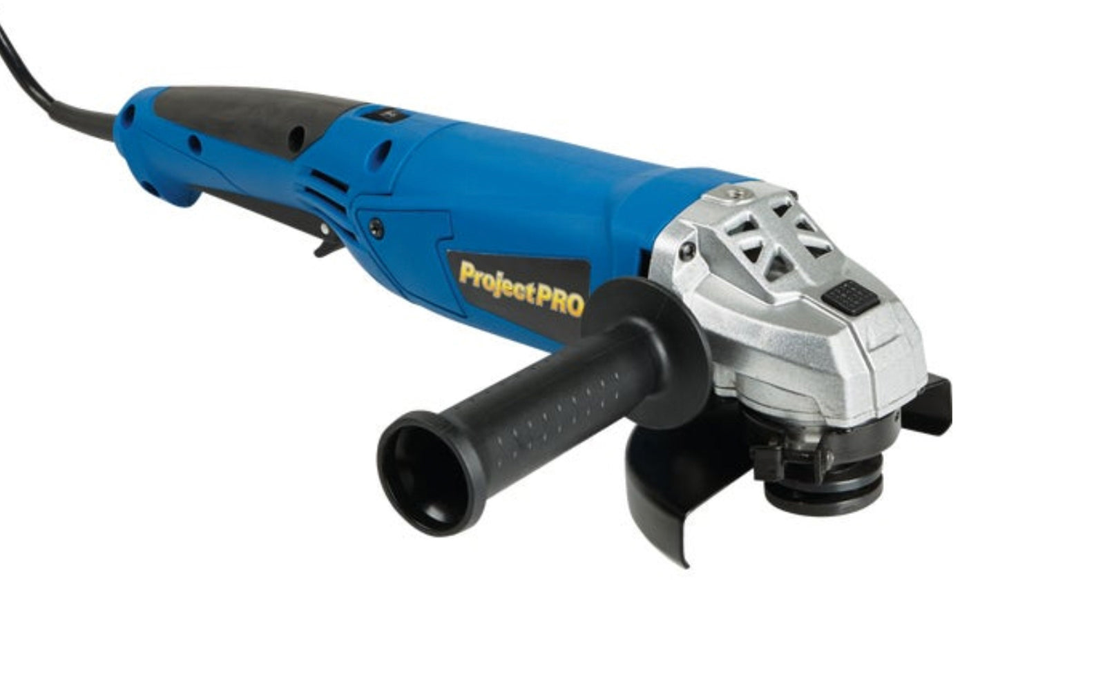 Project-Pro 4-1/2" 10-Amp Angle Grinder. Economy priced power tool, ideal for DIY users. Larger paddle switch for additional ease of use. Cast aluminum gear housing with 2-position side handle. Accepts 4" & 4-1/2" wheels with a 7/8" arbor. Spindle lock for fast wheel changes. Includes side handle and wrench. UL approved. Made by Project Pro.
