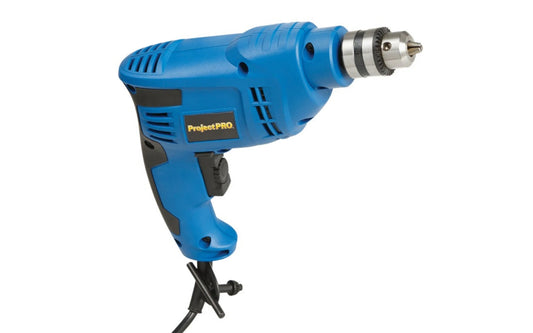 Project-Pro 3/8" 4.6-Amp Keyed Electric Drill. Economy priced power drill tool, ideal for DIY. 3/8" variable speed reversing drill with keyed chuck. 4.6A motor. 0-3000 RPM. Variable speed control for a variety of applications. Belt clip. UL approved. Made by Project Pro. 009326325958