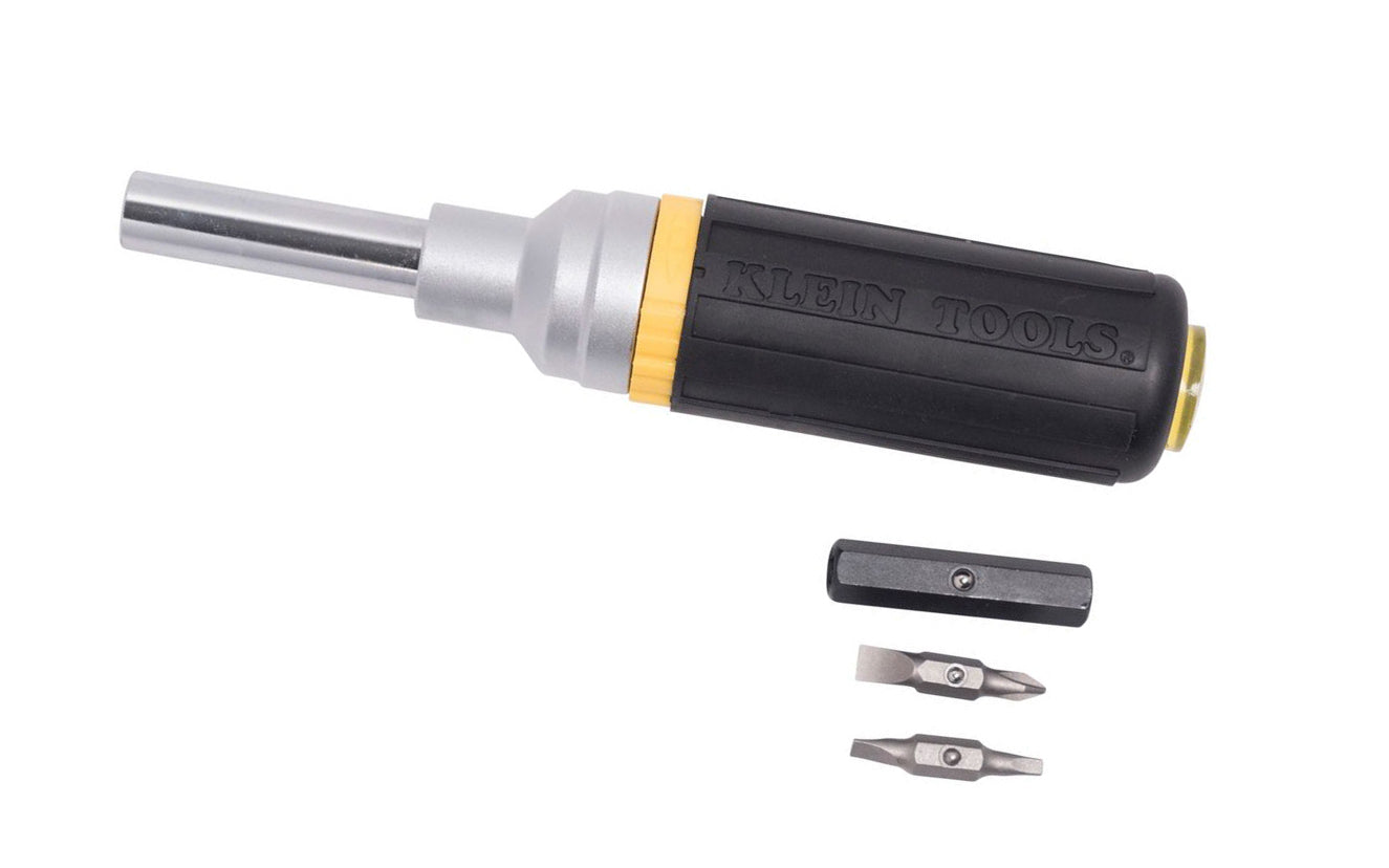 This Klein Tools' Multi-Bit Ratcheting Screwdriver / Nut Driver is a heavy-duty tool designed for professionals, it is made of the highest-quality tempered steel with a torque-proof anchor in the handle. Strong, durable tips are manufactured with square edges to fit screw openings securely. Model 32558. 092644325588