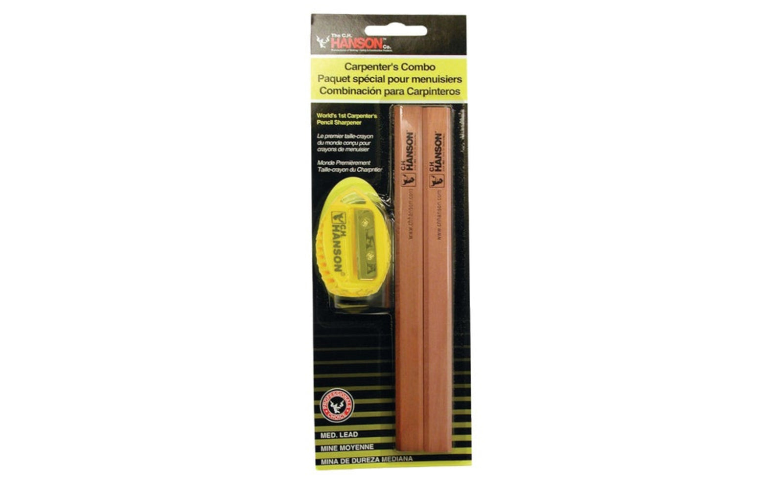 C.H. Hanson professional sharpening tool & pencils designed specifically for carpenters. Gives a clean, sharp point. Flat pencil design eliminates rolling. Safer & easier to use than a utility knife. Medium lead pencils. CH Hanson Model No. 206. 081834002064