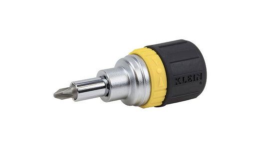 Klein 6-in-1 Ratcheting Stubby Screwdriver / Nut Driver ~ 32593. Stubby screwdriver with ratcheting mechanism that allows user to work faster & with more efficiency. 6-in-1 screwdriver includes #1 & #2 Phillips and 1/4" & 3/16" Slotted tips. Includes 1/4" and 5/16" nut drivers. Cushion-Grip handle. 092644325939