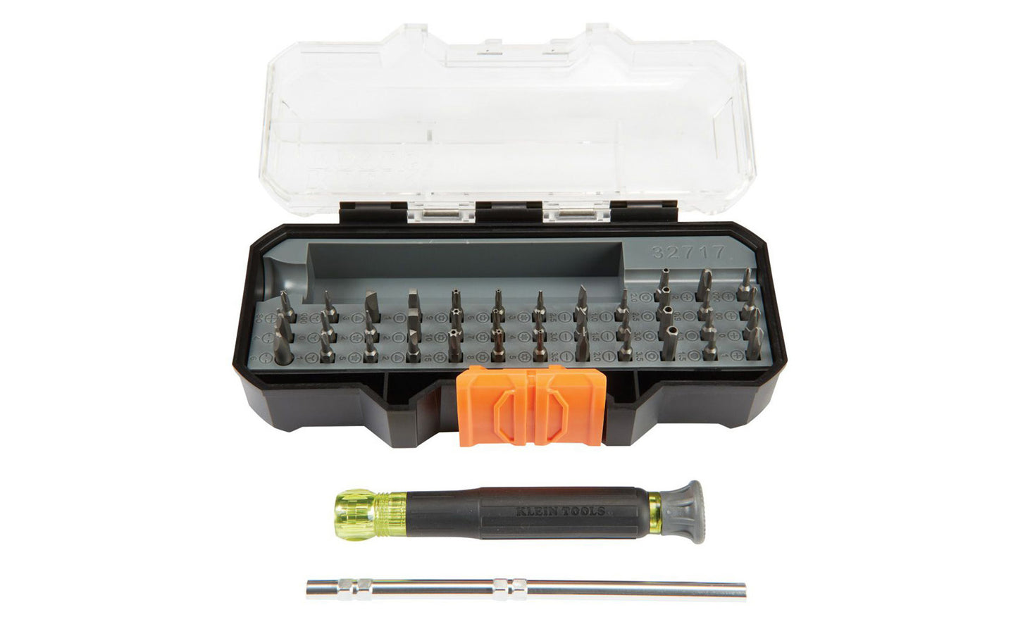 Klein All-in-1 Precision Screwdriver Set - 32717. 40 piece set. Kit includes one screwdriver & 39 bits for various applications including repair of most Apple® products. Compact carrying case features a stay-shut latch & extra-long bits for easier access. Klein Tools model 32717