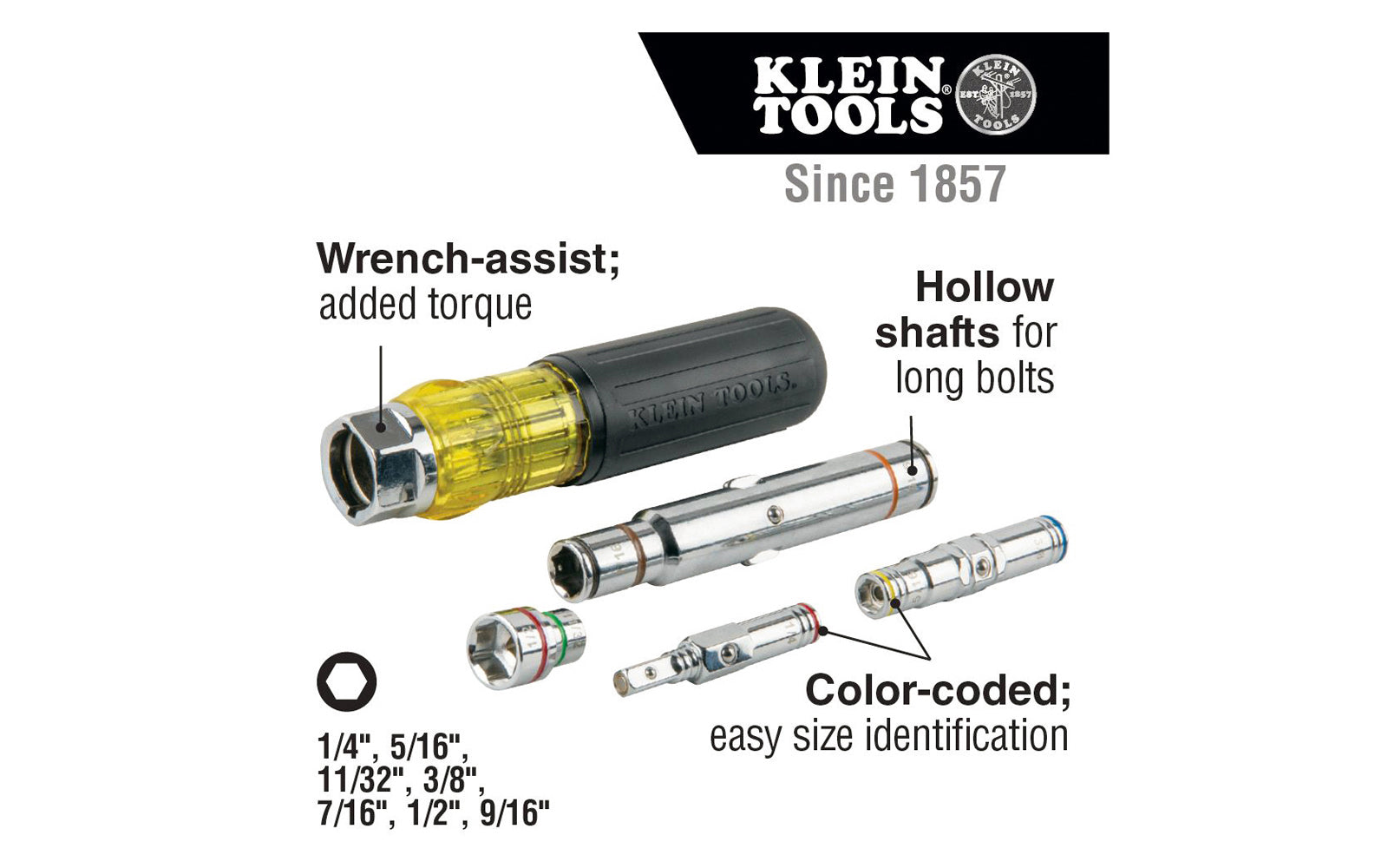 This Klein Tools 7-in-1 Nut Driver / Screwdriver allows for easy, one-handed driving. Sizes are interchangeable ensuring you have the size you need. Color coded shaft ends make it easy to identify size. Nut Driver Sizes: 1/4'', 5/16'', 11/32'', 3/8'', 1/2'', 7/16'', 9/16'' Model 32807MAG. 092644328084. Multi-Nut Driver