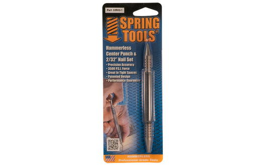 Noxon Hammerless Center Punch & 2/32" Nail Set. Designed for precision pre-drill making for metal & wood surfaces. Deeper holes can be made to start large wood screws. Made in USA.