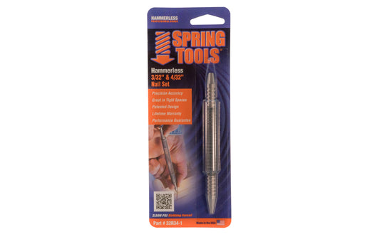 Noxon Hammerless 3/32" & 4/32" Nail Set. The 3/32" tip is best suited for setting #7 & #8 finish nails & countersinking nail heads into a wood surface. The 4/32" tip is ideal for setting #9 & #10 finish nails & brads. Made in USA.