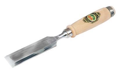 Made in Germany ~ Two Cherries · 1001 series ~ high carbon steel ~ Tempered to Rc61 Rockwell ~ Varnished flat Hornbeam handle - Stechbeitel - Firmer Chisel - short length, light pattern, bevelled edges, Flat hornbeam handle - bevel edge - steel ferrule ~ Use with mallets - 32 mm - 32MM Wide - 4016649101752 - 1001/032