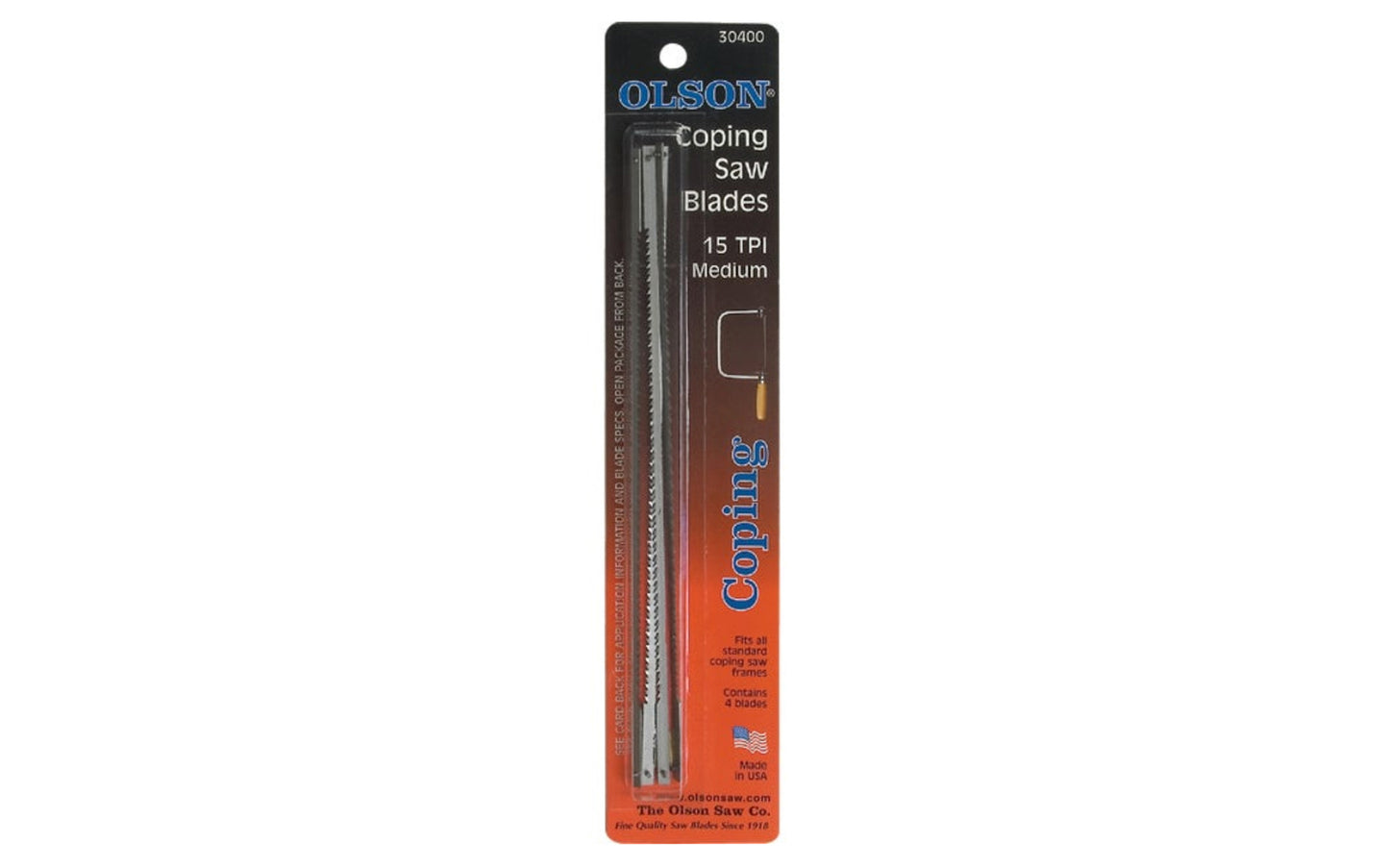 Olson Coping Saw 15 TPI Regular Tooth Blades - 4 PC Set. Coping saw blades used for precision sawing of wood, plastic, nonferrous metal, & mild steel. Made from the finest steel with precision teeth for fast sawing, smooth finishes. 6-1/2" long between pins to fit standard type coping saws. Made in USA. Model CP30400BL.