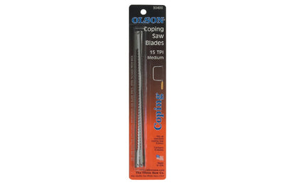 Olson Coping Saw 15 TPI Regular Tooth Blades - 4 PC Set. Coping saw blades used for precision sawing of wood, plastic, nonferrous metal, & mild steel. Made from the finest steel with precision teeth for fast sawing, smooth finishes. 6-1/2" long between pins to fit standard type coping saws. Made in USA. Model CP30400BL.