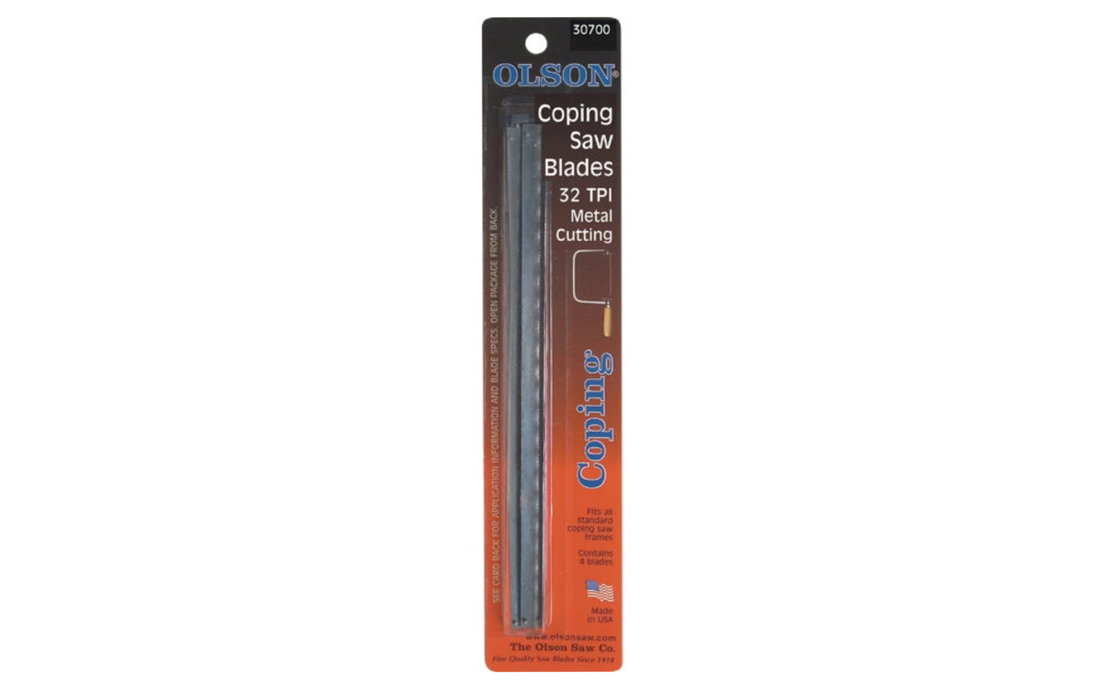 Olson Coping Saw 32 TPI Regular Tooth Blades - 4 PC Set. Coping saw blades used for precision sawing of wood, plastic, nonferrous metal, & mild steel. Made from the finest steel with precision teeth for fast sawing, smooth finishes. 6-1/2" long between pins to fit standard type coping saws. Made in USA. Model CP30700BL.