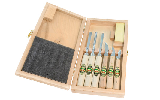  6-Piece Carving Tool Set & wood box "Kerbschnitz-Satz" made by Two Cherries in Germany. Great set for carving applications & projects. Hand forged of high quality German steel - Tempered to Rc61 Rockwell. Model 3437 HK. Includes chip carving knives, 8 mm straight chisel, 6 mm gouge, 6 mm V-chisel. Made in Germany