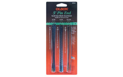 Olson 5" Pin End Scroll Saw Blades - 18 PC Set. Includes  (6)  3/32"-1/2" thick, 15 TPI regular tooth blades,  (6) 1/4"-1" thick 10 TPI regular tooth blades,  (6) 3/32"-1/2" thick 18.5 TPI skip tooth blades.  Made in USA. FR49501. 012373495017